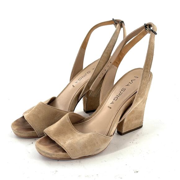Via Spiga Ankle Wrap Suede Heels 4.5 Tan Beige Sandals Pumps Capsule Comfort - Picture 1 of 6